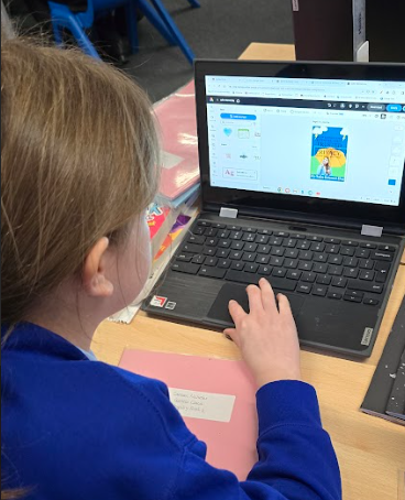 A young girl in academy uniform is pictured sat at her desk, using a laptop computer to complete an activity on Safer Internet Day 2024.