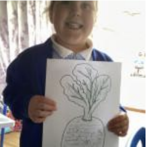 A female Nursery pupil is pictured smiling for the camera, whilst holding up a drawing of a Turnip she has drawn.