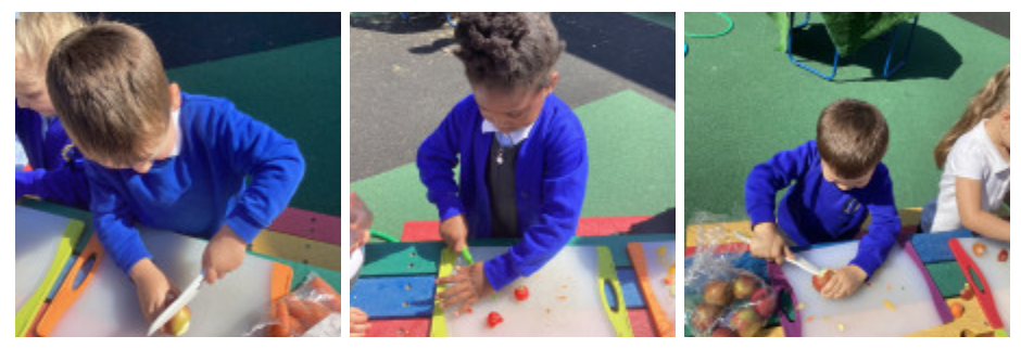 Students cutting vegetables outside