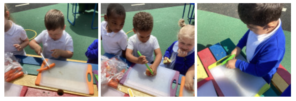 Students cutting vegetables outside