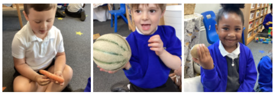 Students holding various fruits