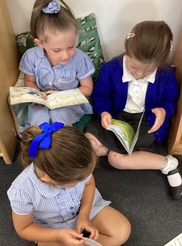 In this image, three young girls are sitting on a carpeted floor, engrossed in reading books. One girl, in the foreground with her back partially to the camera, is wearing a blue and white checkered dress and has a blue bow in her hair. She is looking down at a book. To her left, another girl in a similar blue and white checkered dress is holding an open book and looking at its pages. She has her hair tied up with a blue scrunchie. To the right, a third girl, wearing a white shirt, a blue cardigan, and a dark skirt, is also holding an open book and looking down at it. She has light-colored clips in her hair. They appear to be in a cozy reading corner, possibly in a classroom or library, with wooden dividers and a cushion visible behind one of the girls. The overall scene conveys a quiet and studious atmosphere.