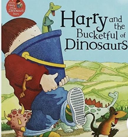 This image is the cover of the children's book "Harry and the Bucketful of Dinosaurs." The illustration depicts a child with brown hair, wearing a red top and blue trousers, carrying a large blue bucket. Several dinosaurs are visible: one is peering out of the bucket, another is under the child's foot, and a few more are walking alongside the child in what appears to be a green, hilly landscape. The book's title is prominently displayed on the right side of the cover.