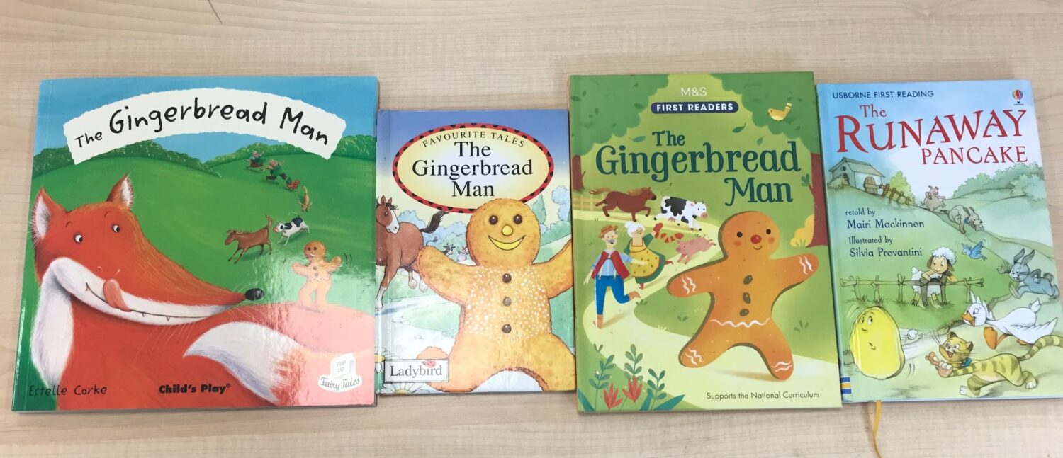 This picture shows a collection of four different children's books, all based on the "Gingerbread Man" story or a similar theme. From left to right, the titles appear to be "The Gingerbread Man" (Child's Play), "Favourite Tales The Gingerbread Man" (Ladybird), "The Gingerbread Man" (M&S First Readers), and "The Runaway Pancake" (Usborne First Reading).