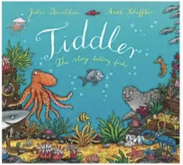 This is a book cover for "Tiddler: The Story-Telling Fish" by Julia Donaldson and Axel Scheffler, featuring various sea creatures.