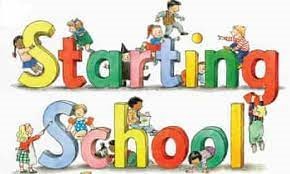 This is an illustration depicting children playing around and on large colorful letters that spell "Starting School."