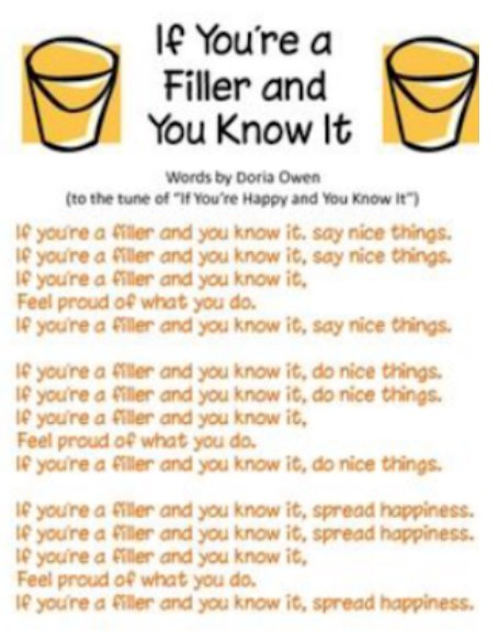 This image displays the lyrics to a song titled "If You're a Filler and You Know It," written by Doria Owen. The song is set to the tune of "If You're Happy and You Know It." The lyrics encourage "fillers" to "say nice things," "do nice things," and "spread happiness," and to "Feel proud of what you do." Two cartoon buckets are depicted at the top of the image. The bottom of the image shows a mobile phone's navigation bar and search bar, with "Q Bucket Filler song lyric" visible.