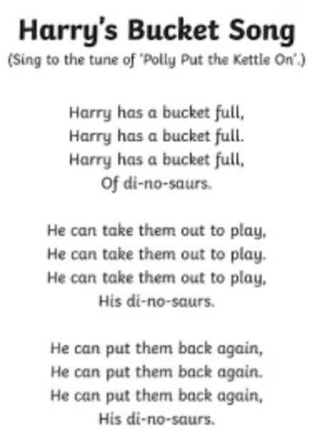 This image displays the lyrics to a children's song titled "Harry's Bucket Song." The song is meant to be sung to the tune of "Polly Put the Kettle On" and has three stanzas. The lyrics are about Harry having a bucket full of dinosaurs and taking them out to play, and then putting them back again. The bottom of the image shows "twinkl.co.uk," indicating its source.