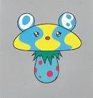 This image shows a cartoonish mushroom character with a blue and yellow cap and a blue and pink spotted stem. The mushroom cap has two small, black-dot eyes and a small mouth, giving it a cute, friendly appearance.