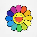This image displays a single, large, smiling daisy-like flower with a yellow center and petals in a rainbow of colors (red, orange, yellow, green, blue, indigo, violet, pink). The background is white.