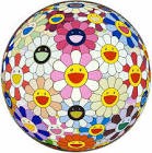 This image features a spherical object covered entirely in colorful, smiling daisy-like flowers. The flowers are in various colors like pink, white, green, blue, and purple, and each has a yellow center with a smiling face.