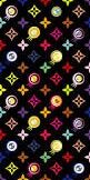 This image shows a pattern with colorful four-pointed star shapes and circular motifs with eyes, resembling the style of Louis Vuitton's monogram mixed with artistic elements. The background is black.