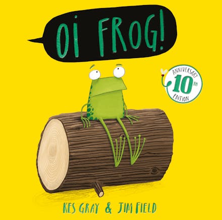 This is the cover of a children's book titled "OI FROG!". It features a green frog sitting on a log against a yellow background.