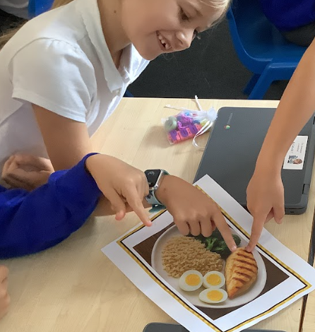 two students are pointing to and identifying different food items on a printed picture of a plate with a meal, likely as part of a lesson on nutrition or healthy eating.