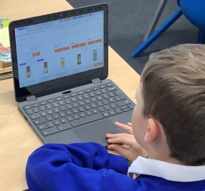 a boy is using a laptop, looking at a webpage that appears to show different bottles of food or drinks for sale. This could be a lesson on shopping or technology.