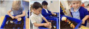 Students playing in planting boxes