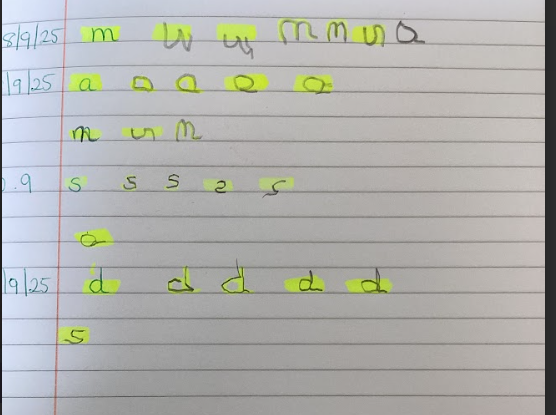This image is a close-up of a different page from a notebook, similar to the one in P3. The letters "m," "a," "s," and "d" are written, with some variations and some highlighted in yellow. Like P3, this looks like a student's practice work, reinforcing the writing of these letters.