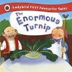 This is a full-cover image of a Ladybird First Favourite Tales book titled "The Enormous Turnip." The illustration features the old man and old woman next to the giant turnip.