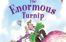 This is a close-up image of a book cover with the title "The Enormous Turnip" prominently displayed in purple text. The illustration shows a man and a woman pulling on the giant turnip.