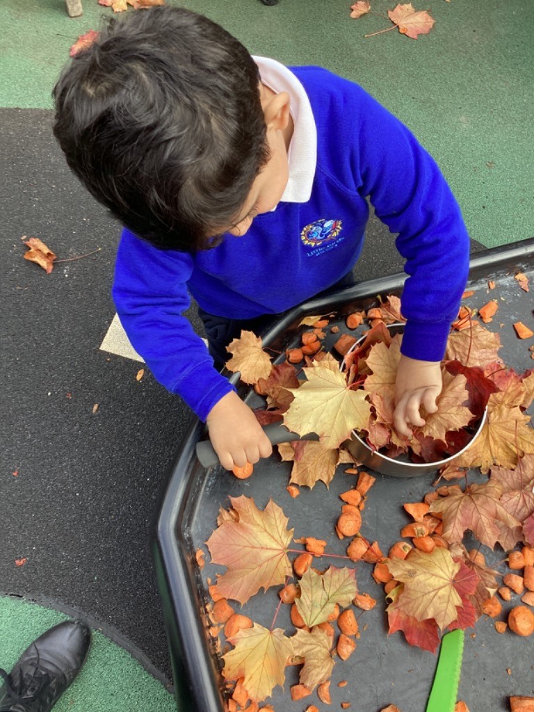 A young child, viewed from above, is engaged in a sensory or imaginative play activity outdoors. They are leaning over a black tray (possibly a tuff tray) filled with a mixture of autumn leaves (mostly maple leaves) and small, orange, pebble-like objects (maybe pieces of carrot or plastic pieces). The child is using their hands to interact with the materials.