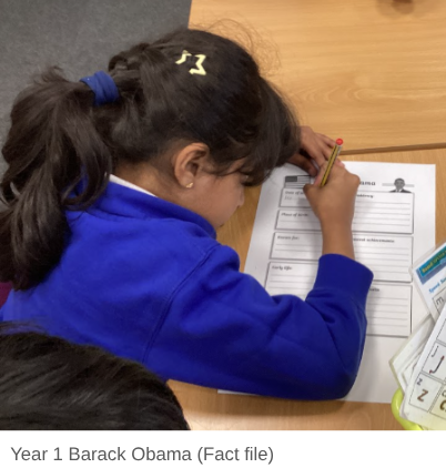 A close-up photo shows a young student, likely in Year 1 (age 5-6), working on a fact file template about Barack Obama. The student is actively writing on the worksheet with a pencil.