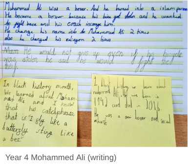 This image shows various handwritten notes and paragraphs, likely from a student in Year 4 (age 8-9), detailing facts about Muhammad Ali. The writing covers his boxing career, his name and religion changes, and his famous quote, "I float like a butterfly, sting like a bee."