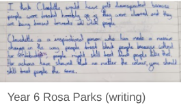This is a photo of a handwritten paragraph by a Year 6 (age 10-11) student discussing the historical impact of Claudette Colvin and Rosa Parks (the caption says Rosa Parks, but the writing mentions Claudette and her contribution). The writing discusses the unfair treatment of Black people and how the actions of these individuals showed that people should be treated equally regardless of their color.