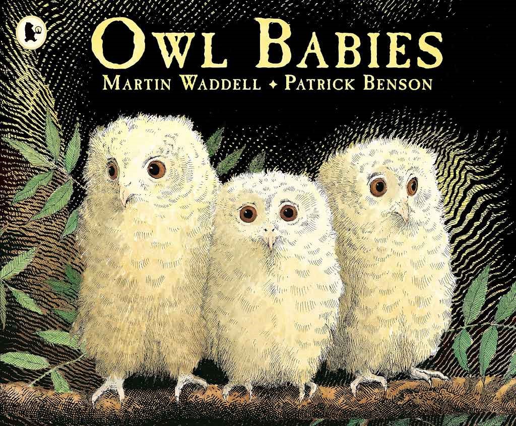 This is the cover of the children's book "Owl Babies" by Martin Waddell and Patrick Benson, featuring an illustration of three young owls on a branch.
