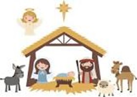 A simple cartoon illustration of a nativity scene featuring Mary, Joseph, the Baby Jesus in a manger, an angel, the Star of Bethlehem, and various animals (donkey, sheep, and camel).