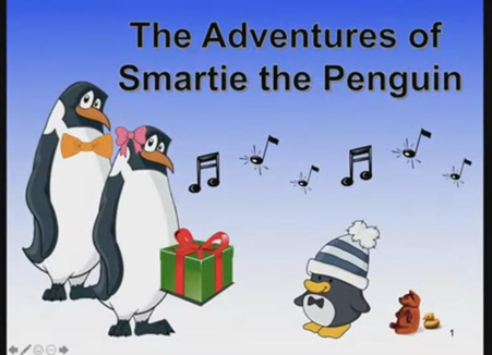 The cover of a digital story titled "The Adventures of Smartie the Penguin". It features two large penguins holding a green gift box with a red bow, a small penguin in a striped hat, and musical notes in the background.