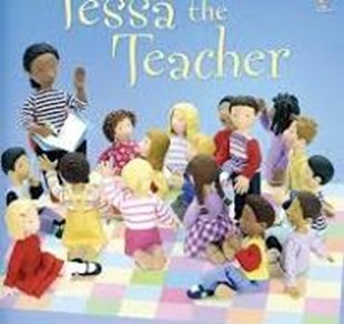 The cover of a book titled "Jessa the Teacher," depicting an illustrated scene of a teacher holding a book while sitting with a large circle of children on a colorful checkered rug.
