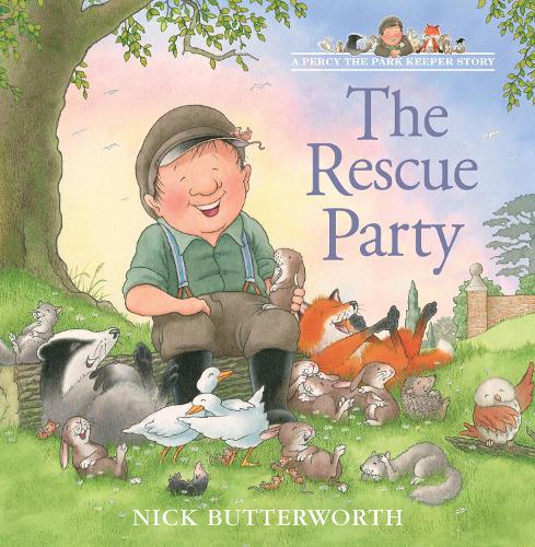 The cover of the book "The Rescue Party" by Nick Butterworth, featuring a park keeper sitting on the grass surrounded by animals.