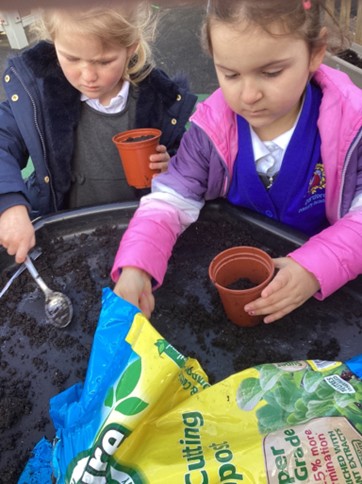 Two students wearing coats over their uniforms filling small brown pots with soil from a bag of compost.