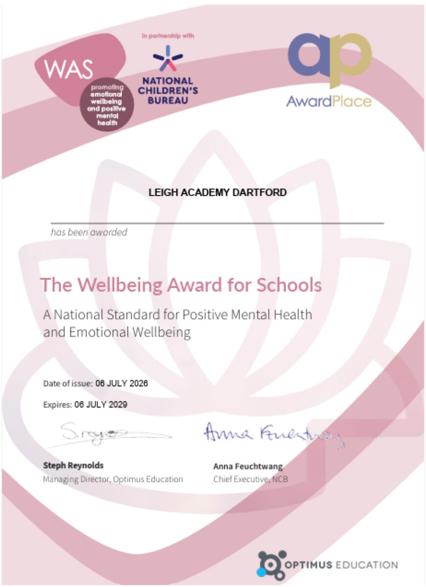 Wellbeing-Award-Accreditation certificate for Leigh Academy Dartford