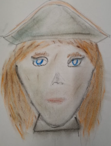 Pastel drawing of a face with a hat